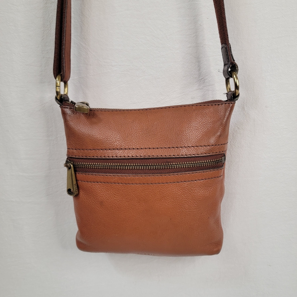 FOSSIL Small Brown Leather Crossbody Bag - Heritage Canvas Strap
